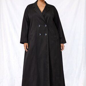 Vintage Black Double-Breasted Full Length Trench Coat | Pop of Color Blue | L-XL